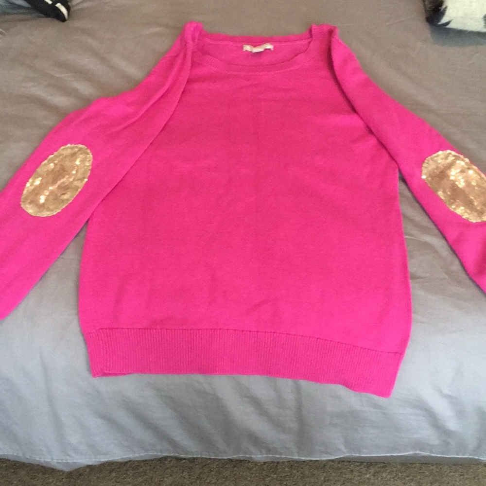 Pink Sweater with Gold Sequence Elbow Pads